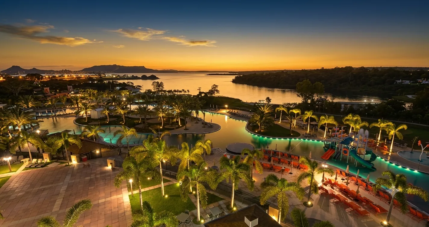 Malai Manso Resort visto do alto, com as piscinas e o Lago do Manso ao entardecer