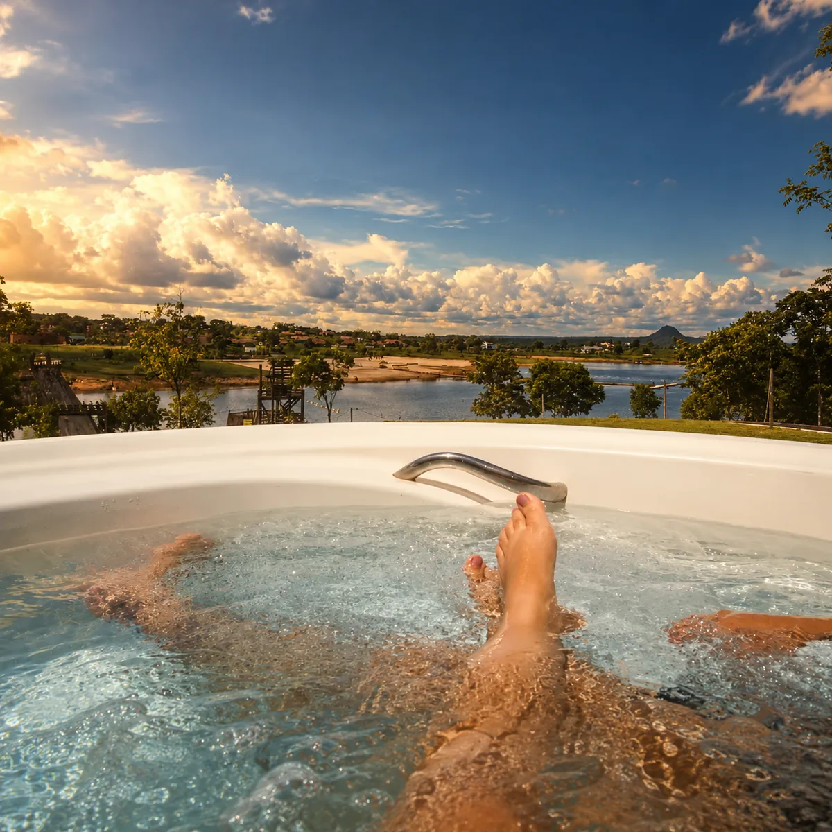 Banheira de hidromassagem com vista para o lago